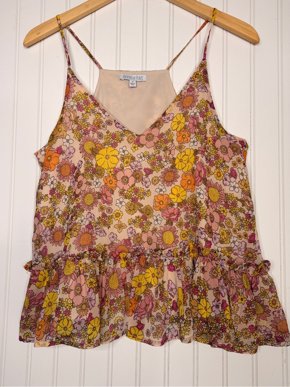 Patrons of Peace Retro Floral Ruffle Hem Cami Top Sz M Boho Sunflower Print
